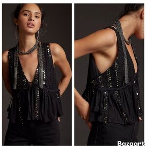 Anthropologie Forever That Girl V-Neck Sequin Embellished Tank Black‎ SMALL